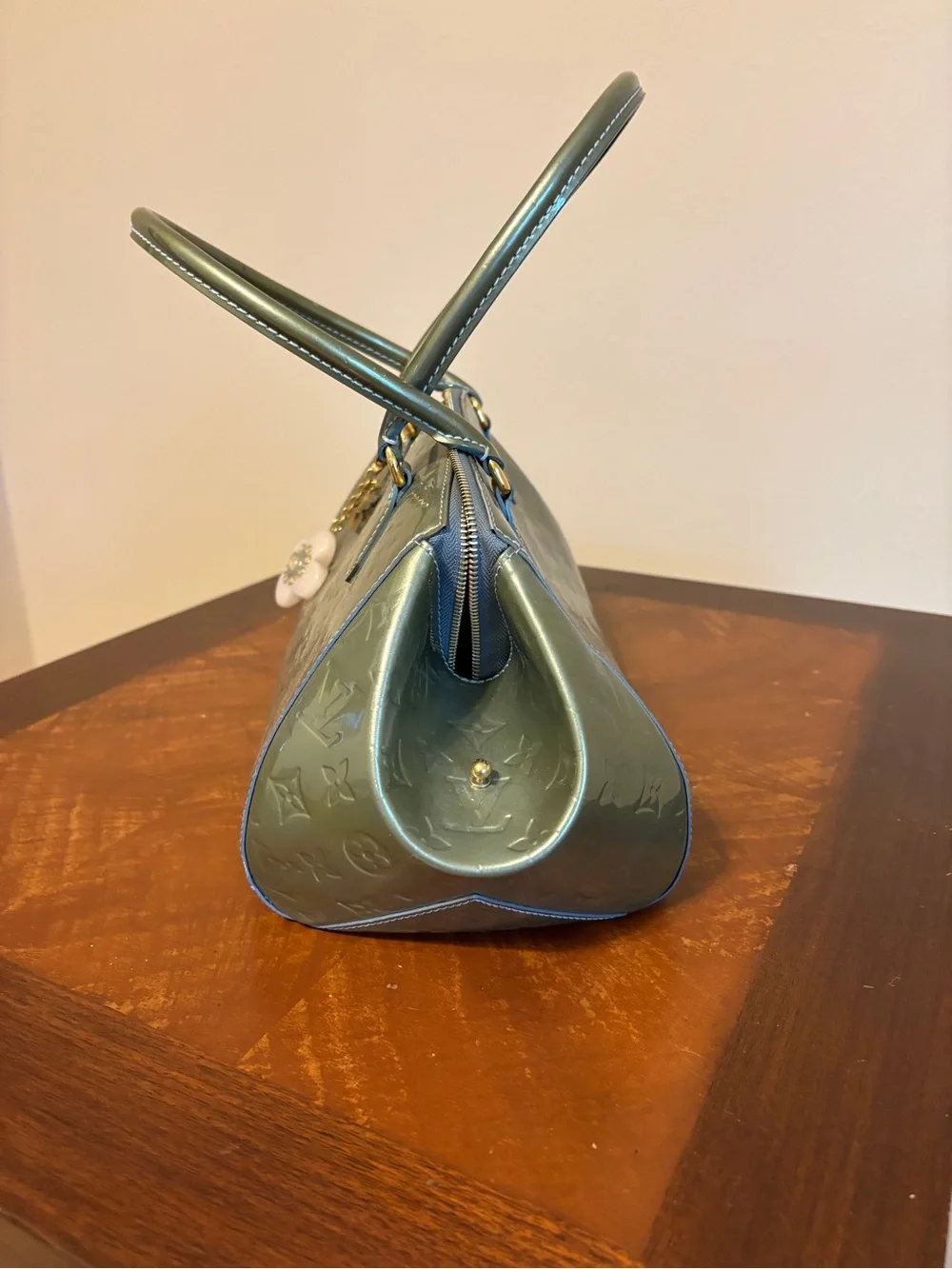 Louis Vuitton Metallic Sage Green Monogram Shoulder Bag with Flower Charm